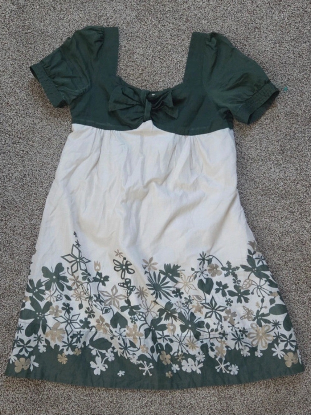 Himezo Women's M Green/White Floral Bow Square Neck Puff Sleeve Dress.